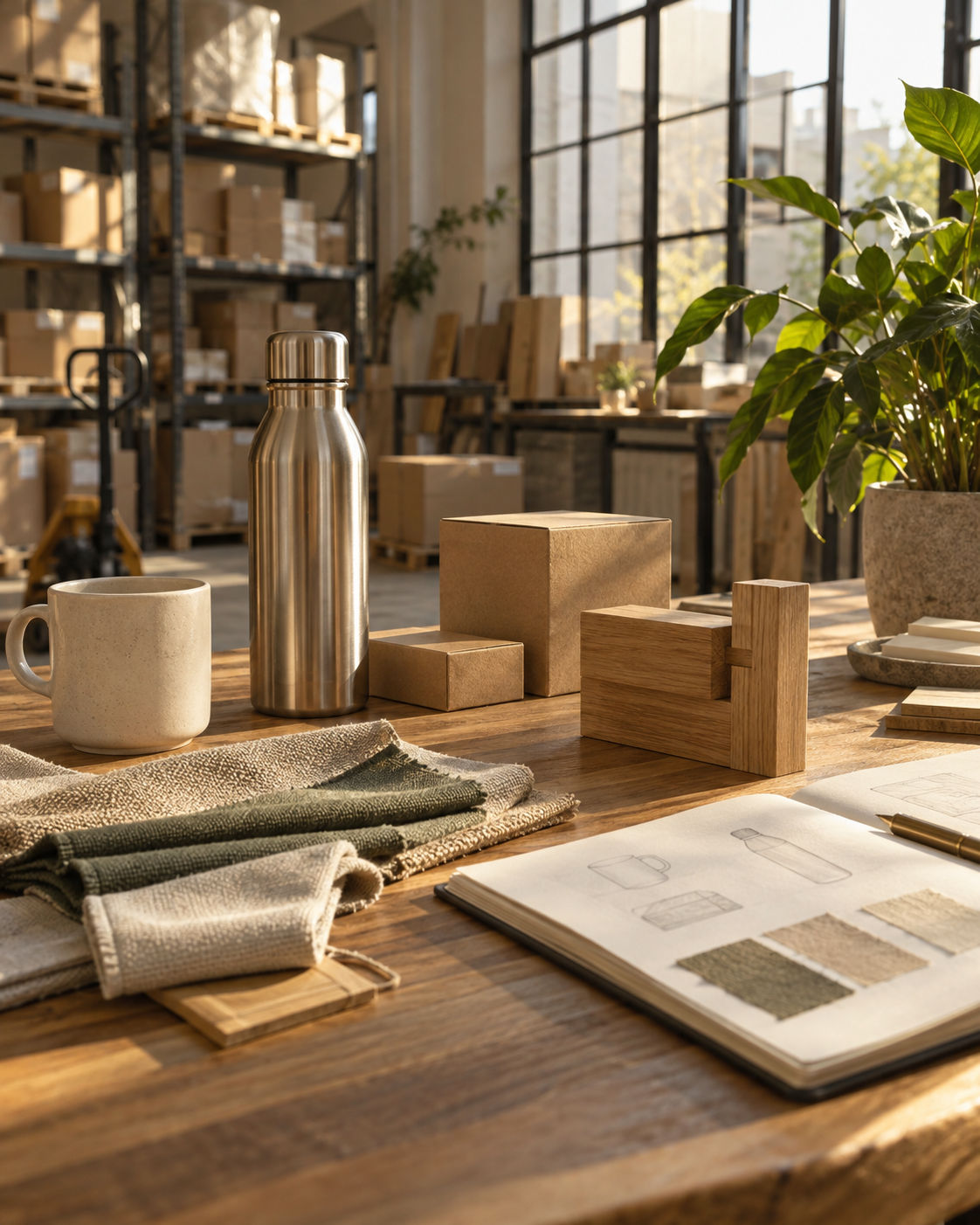 Illustrative sourcing studio with product samples, fabric, ceramics and packaging
